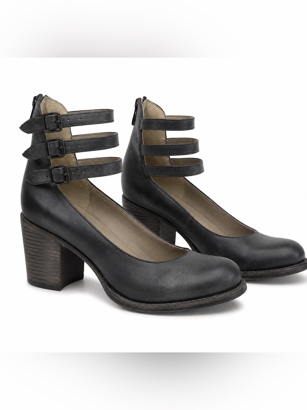 freebird Women's Black Gray RANDI Triple Strap Chunky Heel Pumps 10 NEW - Picture 2 of 8